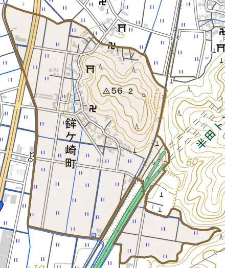 鉾ケ崎町とその周辺の地図。町の範囲を重ねている