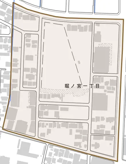 堀ノ宮とその周辺の地図。町の範囲を重ねている