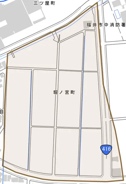 堀ノ宮町とその周辺の地図。町の範囲を重ねている