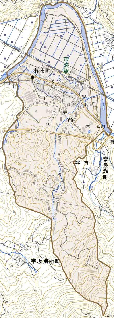 市波町とその周辺の地図。町の範囲を重ねている