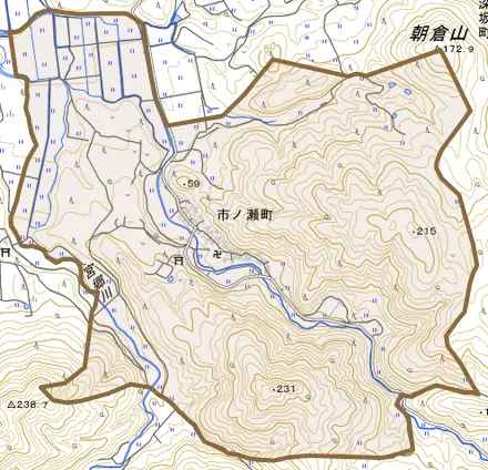 市ノ瀬町とその周辺の地図。町の範囲を重ねている