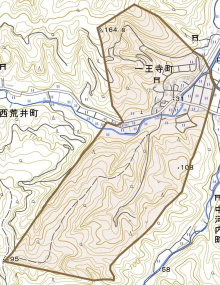 一王寺町とその周辺の地図。町の範囲を重ねている