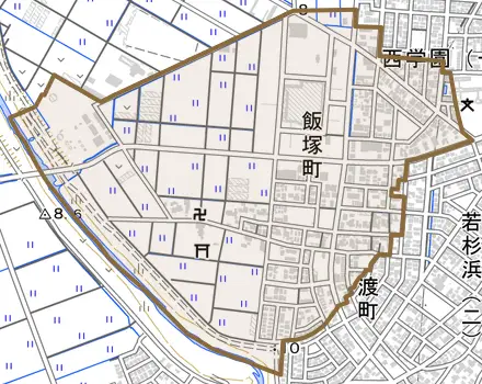 飯塚町とその周辺の地図。町の範囲を重ねている