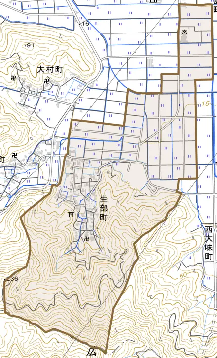生部町とその周辺の地図。町の範囲を重ねている