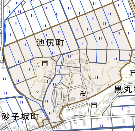 池尻町とその周辺の地図。町の範囲を重ねている