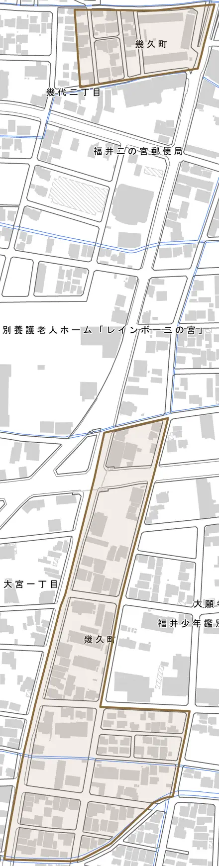 幾久町とその周辺の地図。町の範囲を重ねている