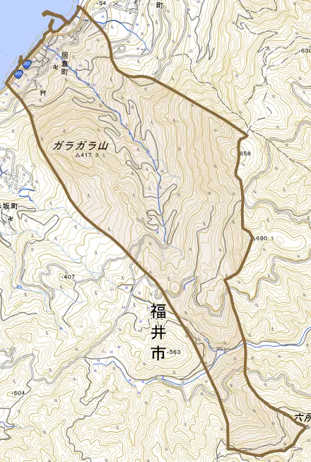 居倉町とその周辺の地図。町の範囲を重ねている