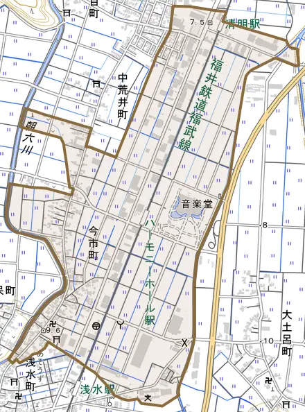 今市町とその周辺の地図。町の範囲を重ねている