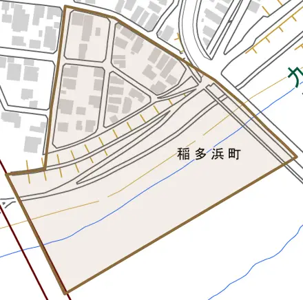 稲多浜町とその周辺の地図。町の範囲を重ねている
