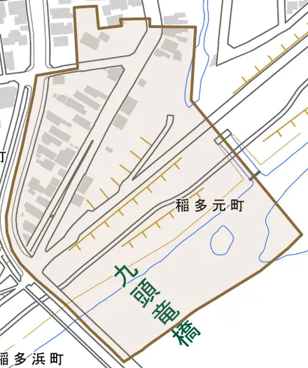 稲多元町とその周辺の地図。町の範囲を重ねている