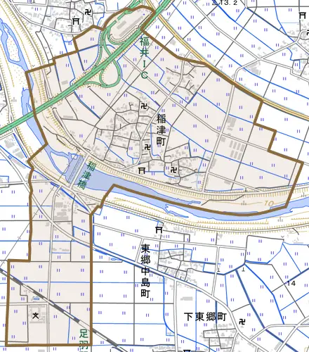 稲津町とその周辺の地図。町の範囲を重ねている