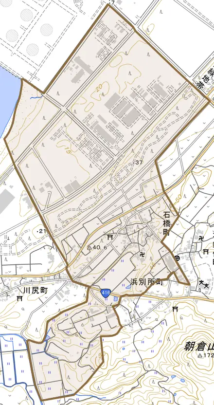石橋町とその周辺の地図。町の範囲を重ねている
