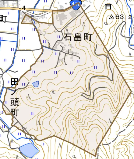 石畠町とその周辺の地図。町の範囲を重ねている
