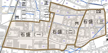 石盛とその周辺の地図。町の範囲を重ねている