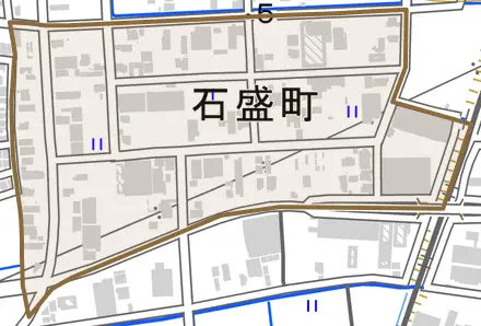 石盛町とその周辺の地図。町の範囲を重ねている
