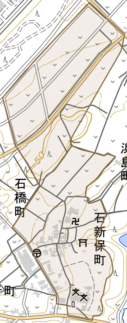 石新保町とその周辺の地図。町の範囲を重ねている