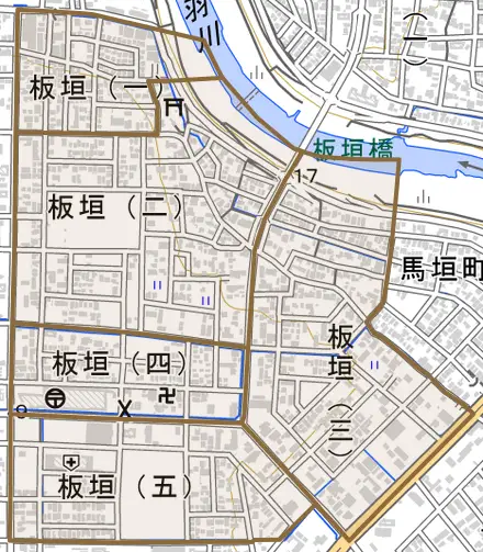 板垣とその周辺の地図。町の範囲を重ねている