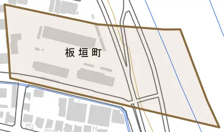 板垣町とその周辺の地図。町の範囲を重ねている