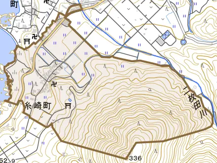 糸崎町とその周辺の地図。町の範囲を重ねている