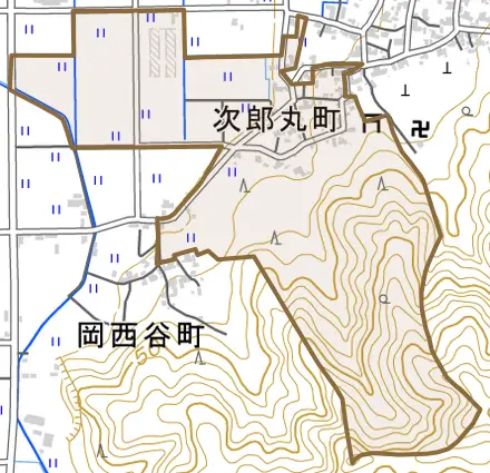 次郎丸町とその周辺の地図。町の範囲を重ねている