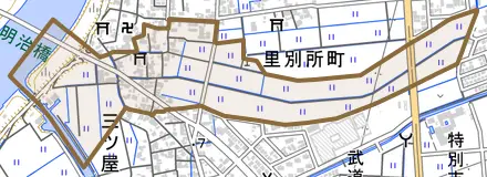 地蔵堂町とその周辺の地図。町の範囲を重ねている
