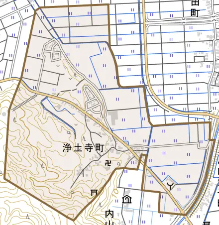 浄土寺町とその周辺の地図。町の範囲を重ねている
