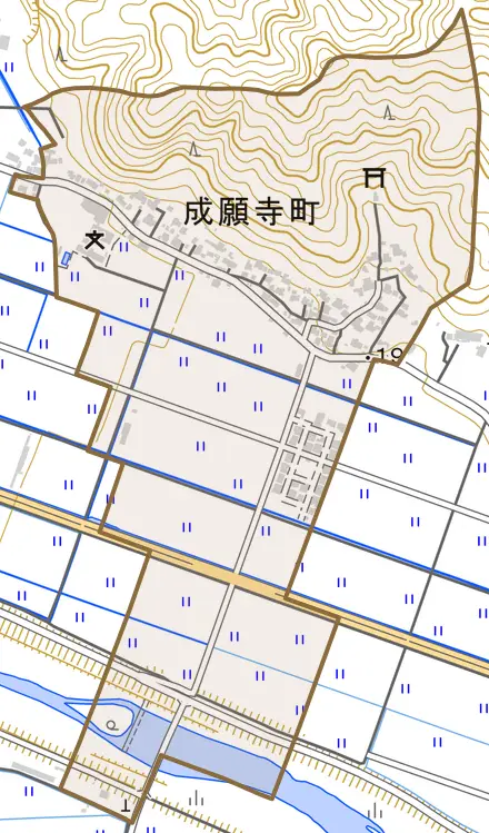 成願寺町とその周辺の地図。町の範囲を重ねている