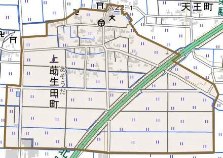 上莇生田町とその周辺の地図。町の範囲を重ねている