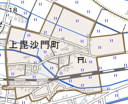 上毘沙門町とその周辺の地図。町の範囲を重ねている