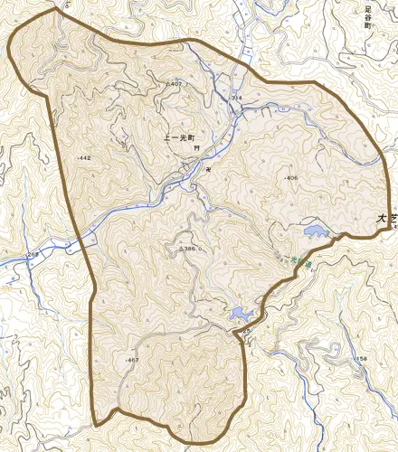 上一光町とその周辺の地図。町の範囲を重ねている