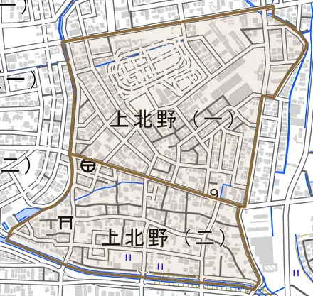 上北野とその周辺の地図。町の範囲を重ねている