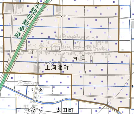 上河北町とその周辺の地図。町の範囲を重ねている