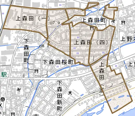 上森田とその周辺の地図。町の範囲を重ねている