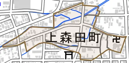 上森田町とその周辺の地図。町の範囲を重ねている