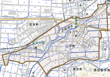 上中町とその周辺の地図。町の範囲を重ねている