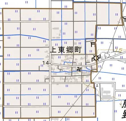 上東郷町とその周辺の地図。町の範囲を重ねている