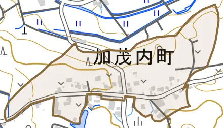 加茂内町とその周辺の地図。町の範囲を重ねている
