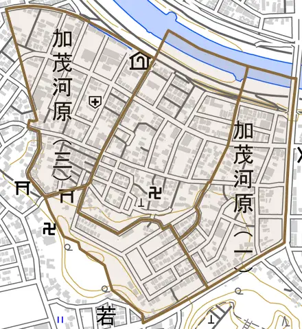 加茂河原とその周辺の地図。町の範囲を重ねている