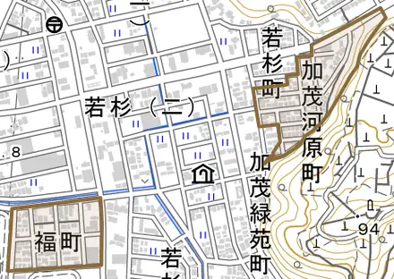 加茂河原町とその周辺の地図。町の範囲を重ねている