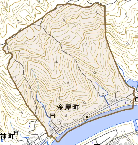 金屋町とその周辺の地図。町の範囲を重ねている