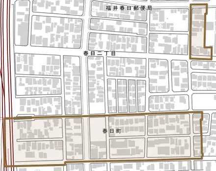 春日町とその周辺の地図。町の範囲を重ねている