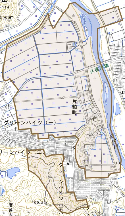 片粕町とその周辺の地図。町の範囲を重ねている