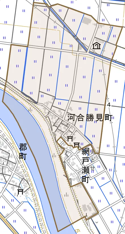 河合勝見町とその周辺の地図。町の範囲を重ねている