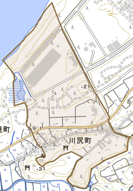 川尻町とその周辺の地図。町の範囲を重ねている