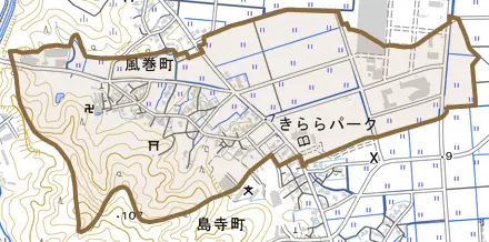 風巻町とその周辺の地図。町の範囲を重ねている