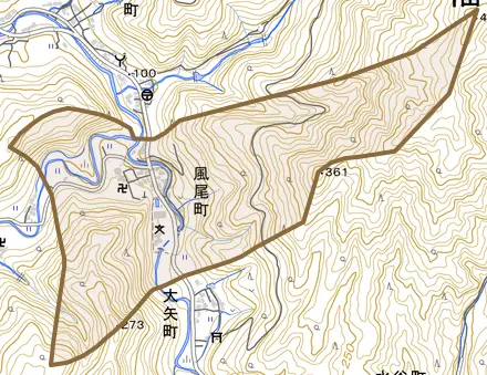 風尾町とその周辺の地図。町の範囲を重ねている