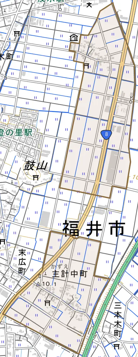 主計中町とその周辺の地図。町の範囲を重ねている
