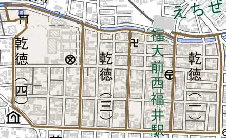 乾徳とその周辺の地図。町の範囲を重ねている