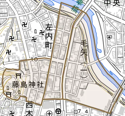 毛矢とその周辺の地図。町の範囲を重ねている