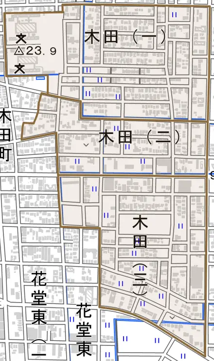 木田とその周辺の地図。町の範囲を重ねている